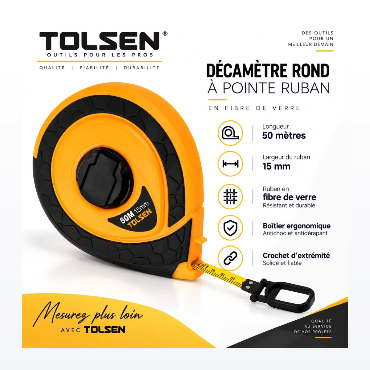 Décamètre Rond TOLSEN 50m à Ruban en Fibre de Verre