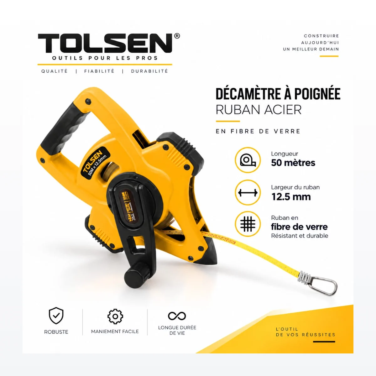 Décamètre à poignée TOLSEN 50m x 12.5mm