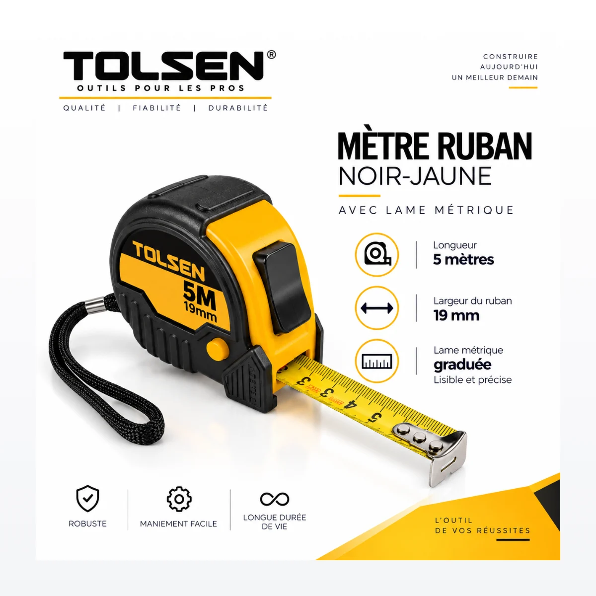Mètre ruban TOLSEN Noir-Jaune 5M x 19mm