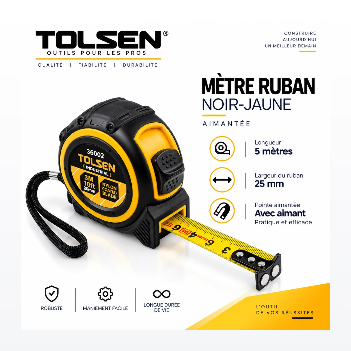 Mètre Ruban Noir-Jaune Aimanté TOLSEN