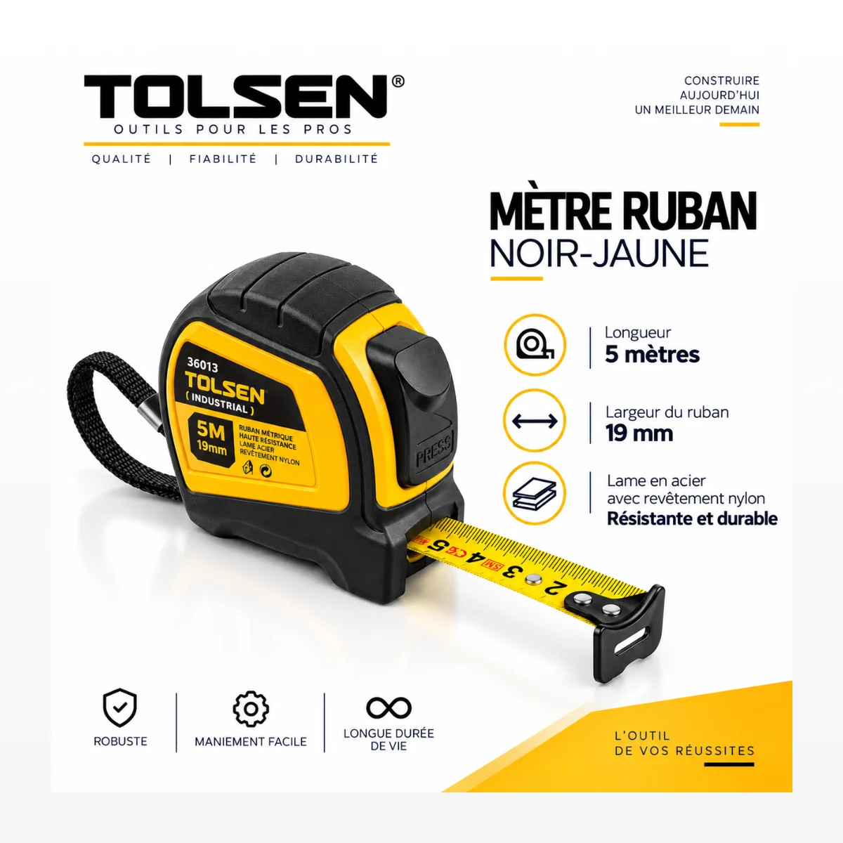 Mètre ruban noir-jaune TOLSEN 5M x 19mm