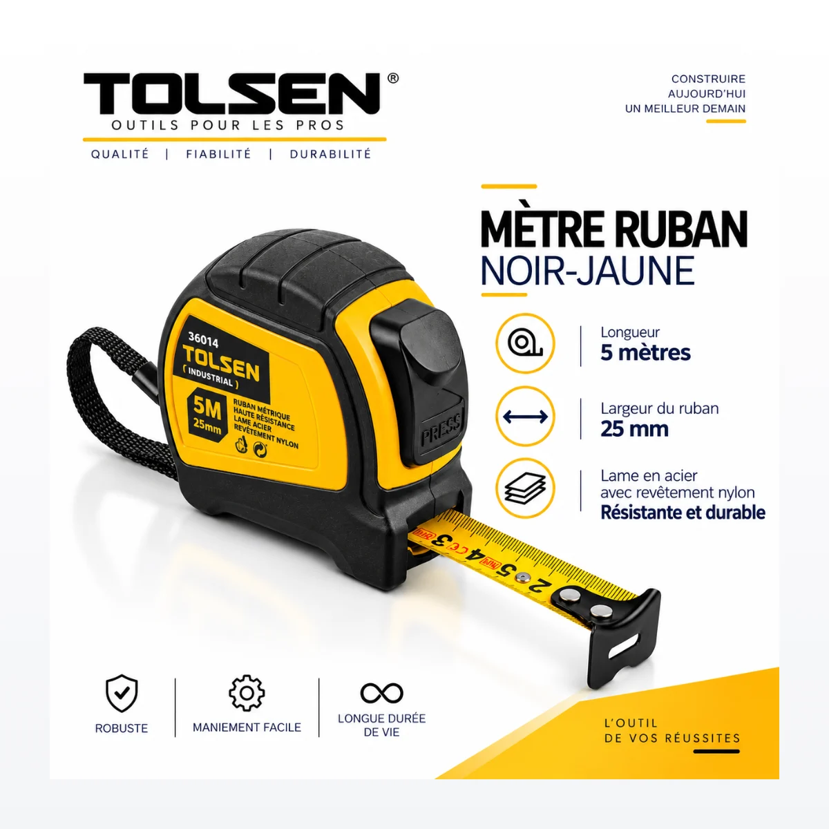 Mètre Ruban TOLSEN 5M x 25mm Industriel