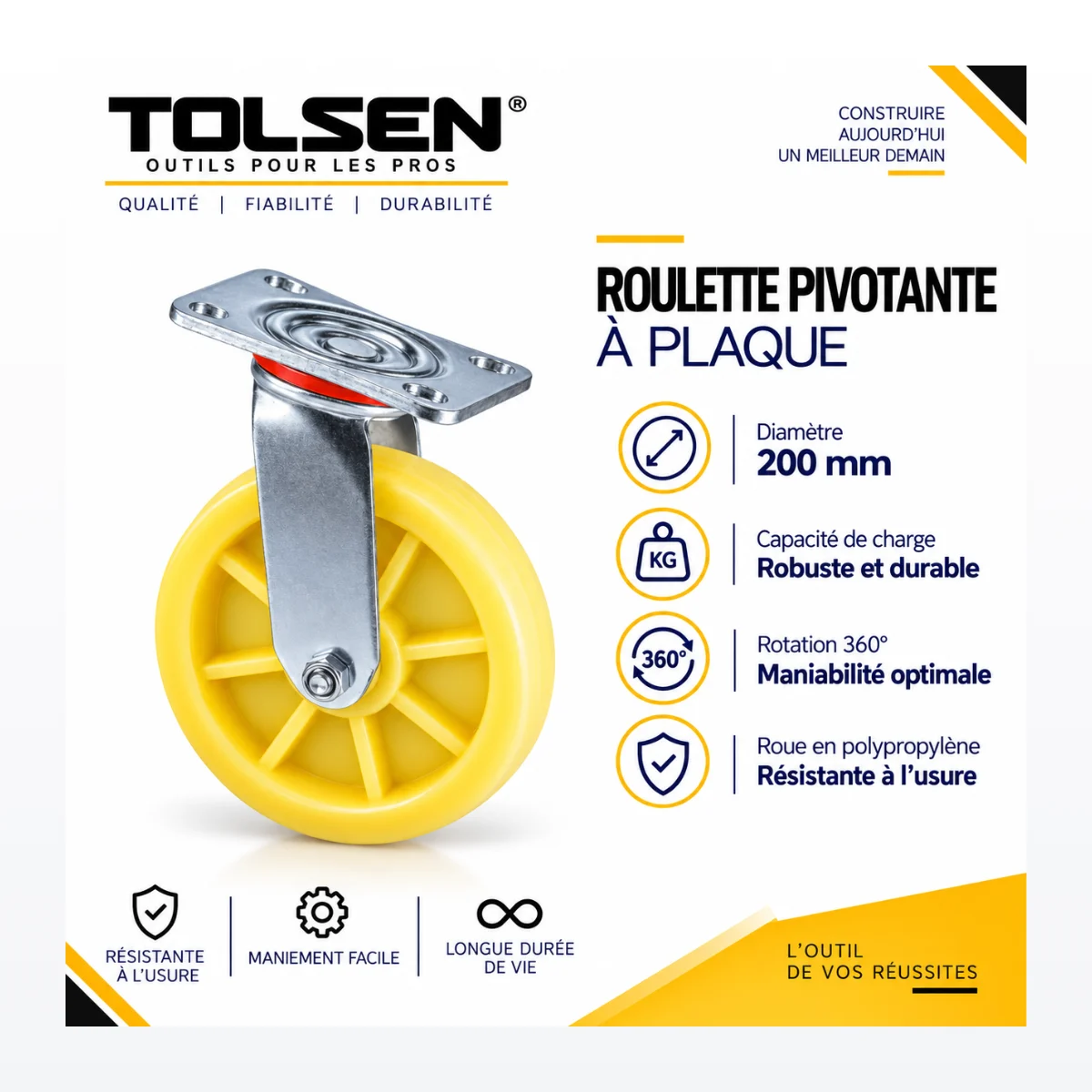 Roulette Pivotante à Plaque Tolsen, Diamètre 200 mm, Roue Polypropylène