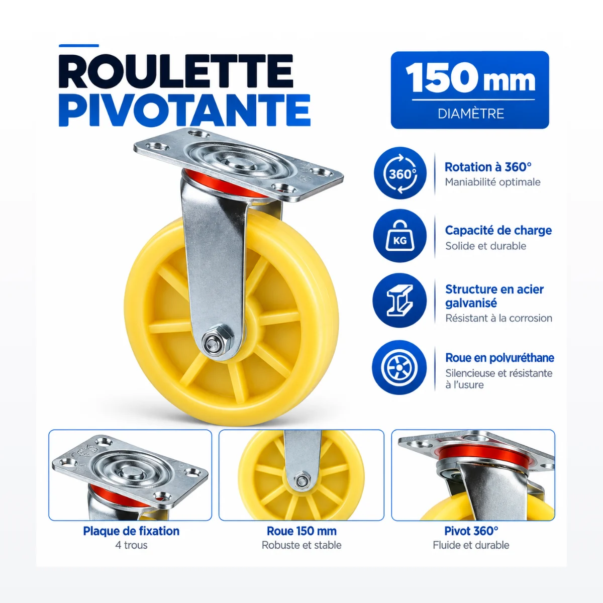 Roulette Pivotante avec Plaque de Fixation