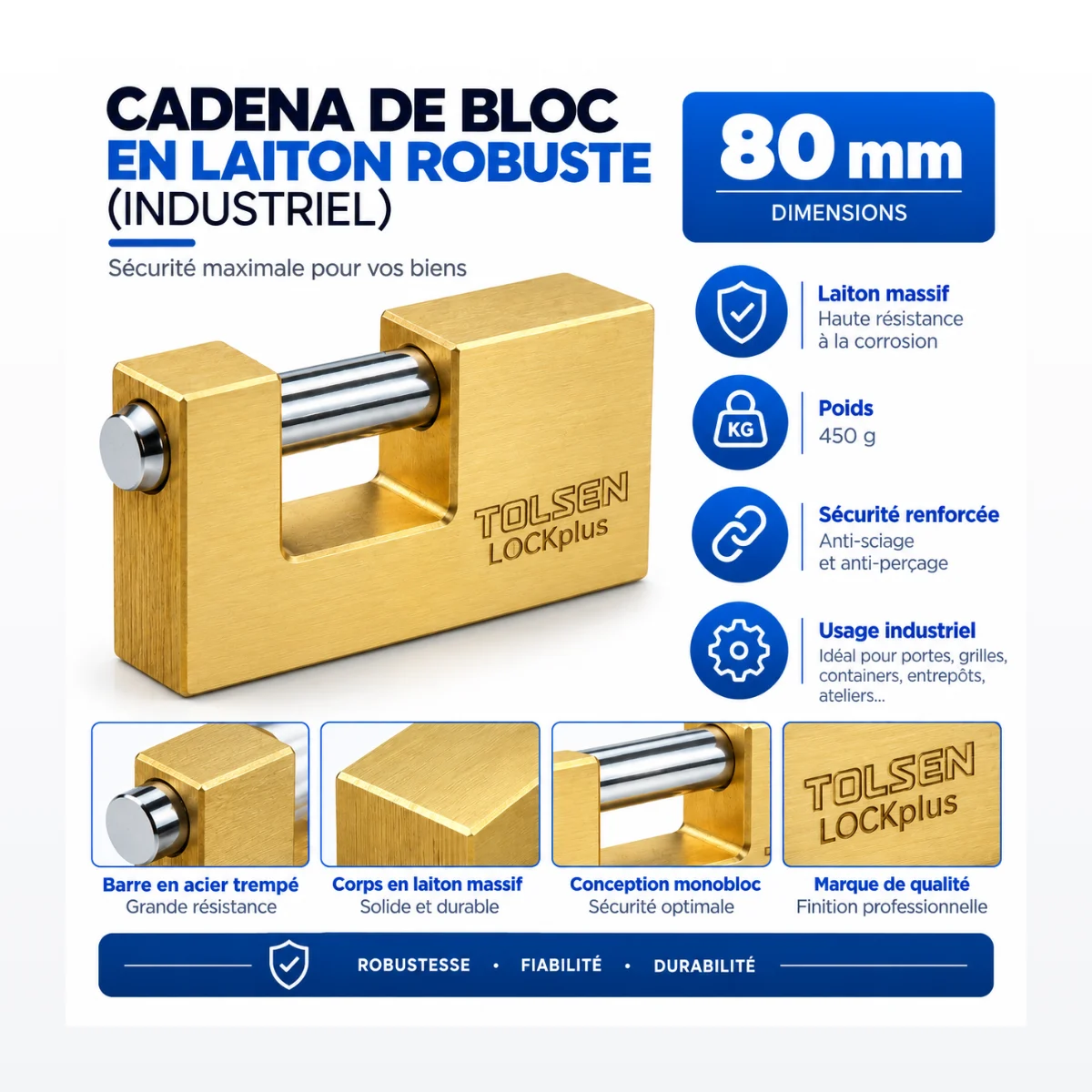Cadenas de bloc en laiton robuste (industriel) 80 mm