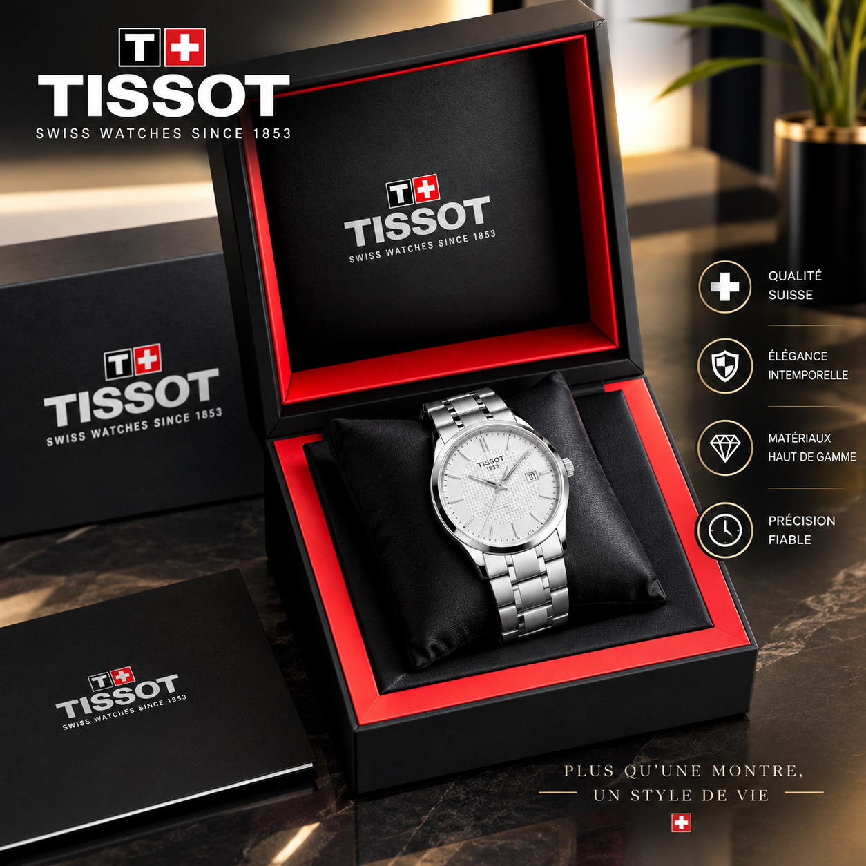 Montre Tissot avec cadran blanc et bracelet métallique